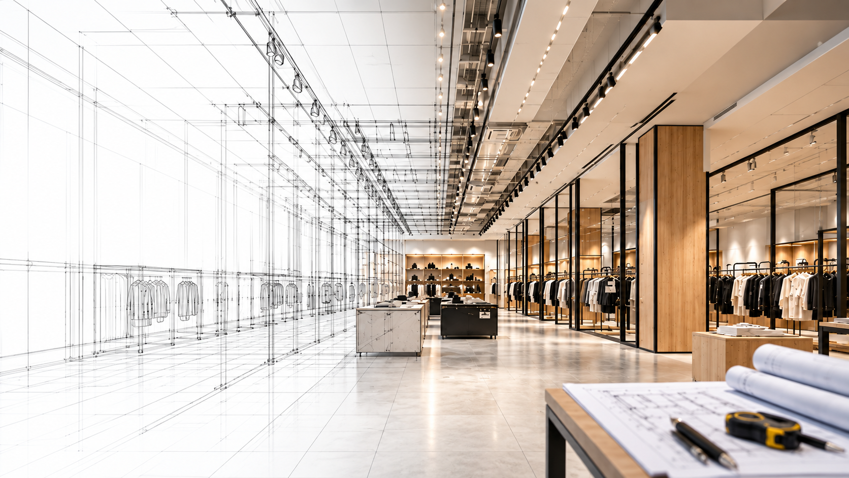 Retail fit-out with architectural blueprint transition